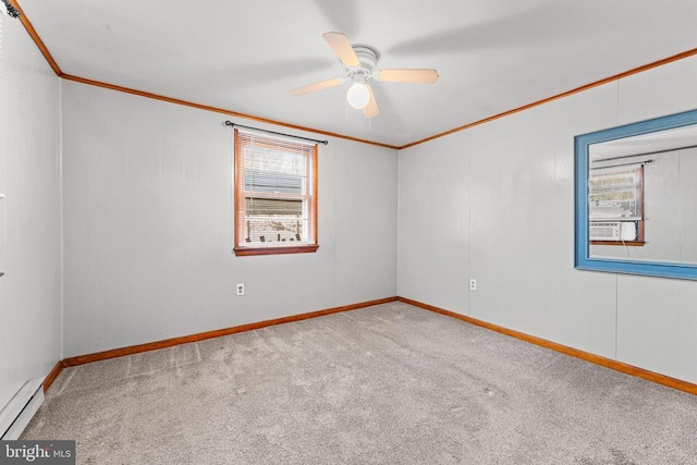 carpeted empty room featuring ornamental molding, a baseboard heating unit, cooling unit, and ceiling fan