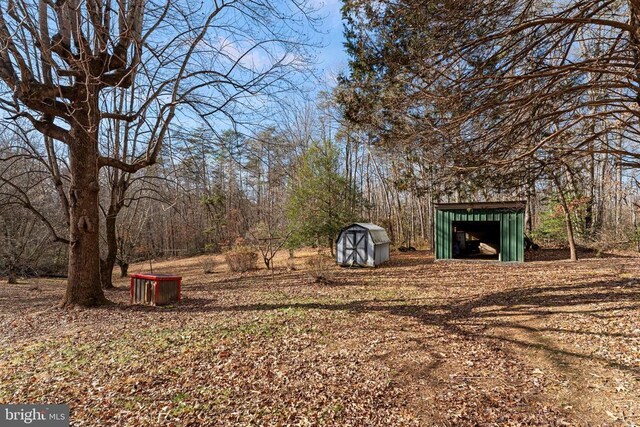 view of yard featuring a storage shed