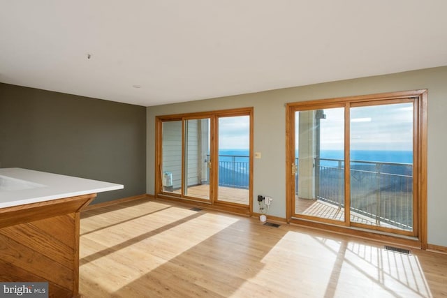 doorway with visible vents, plenty of natural light, light wood-style flooring, and baseboards