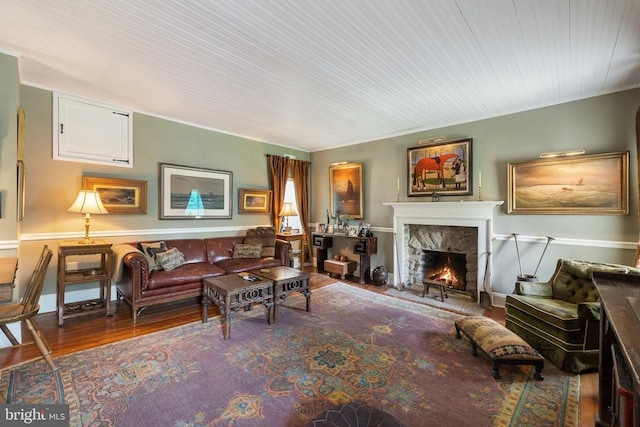 living room with wood finished floors and a stone fireplace