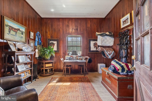home office with wood walls
