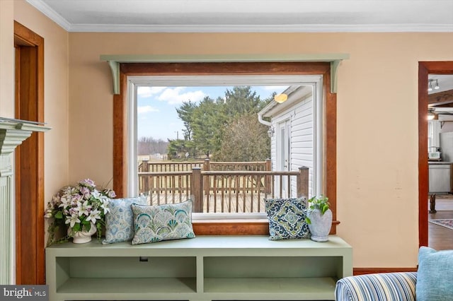 living area featuring crown molding