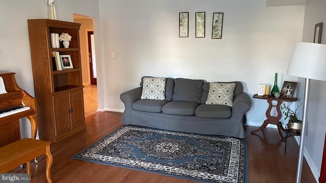 living area featuring baseboards and wood finished floors