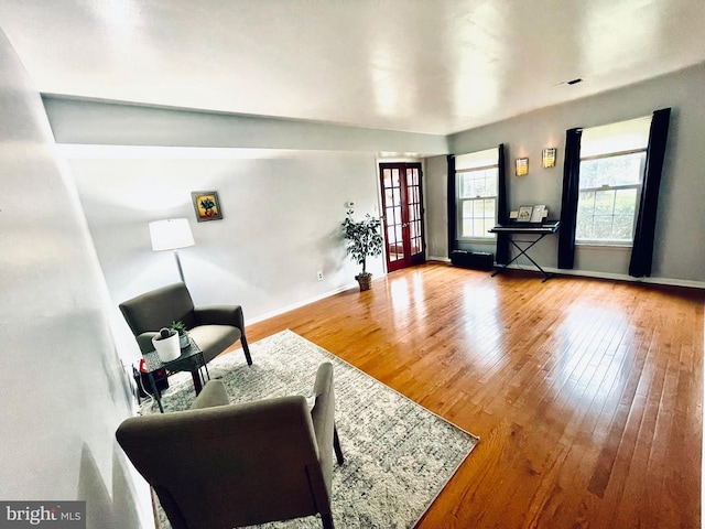 living area featuring wood-type flooring and baseboards