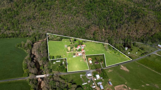 drone / aerial view featuring a view of trees