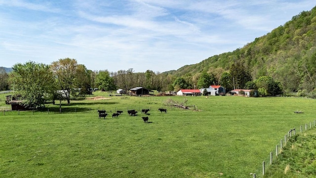 view of community featuring a lawn, a view of trees, fence, and a rural view