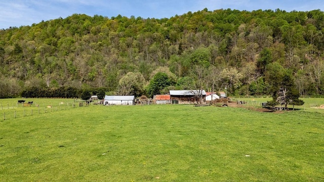 view of yard with fence and a forest view