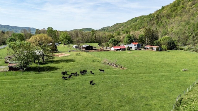 surrounding community featuring a wooded view, a mountain view, fence, and a rural view