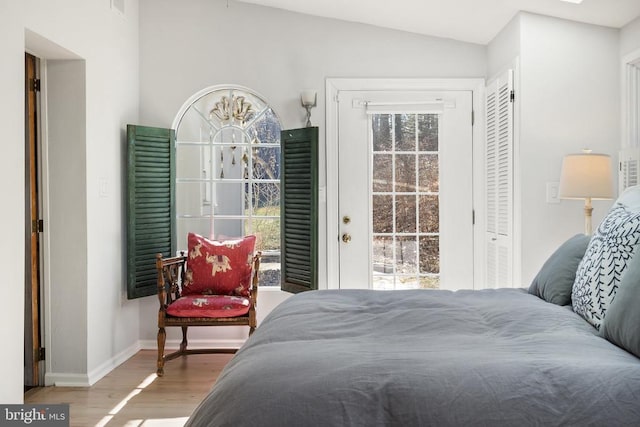 bedroom with a closet, lofted ceiling, and hardwood / wood-style floors