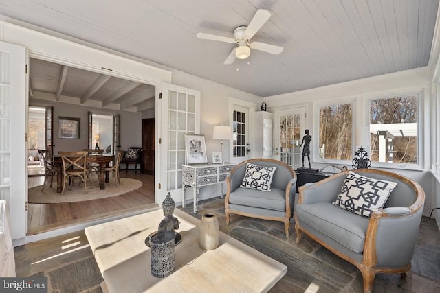 interior space featuring plenty of natural light, wooden ceiling, and dark hardwood / wood-style floors