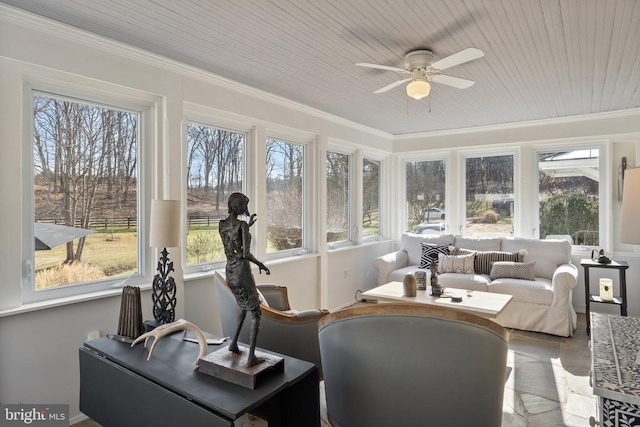 sunroom / solarium featuring ceiling fan and wood ceiling