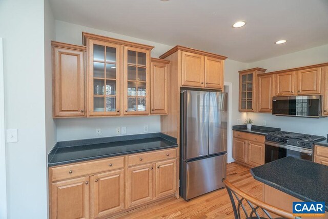 kitchen featuring dark countertops, appliances with stainless steel finishes, glass insert cabinets, light wood-style floors, and recessed lighting