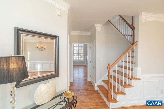 interior space with ornamental molding and wood finished floors