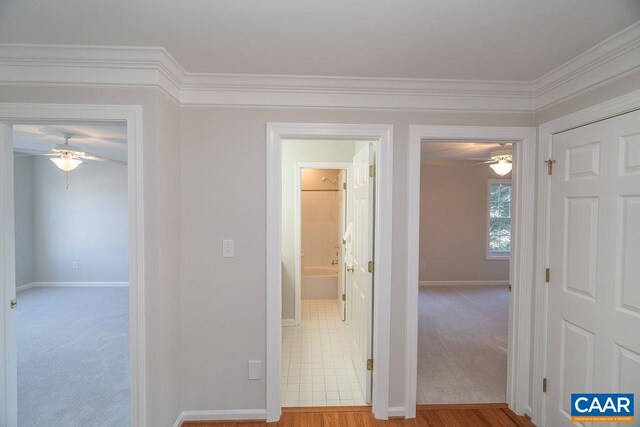 hallway featuring crown molding, baseboards, and light colored carpet