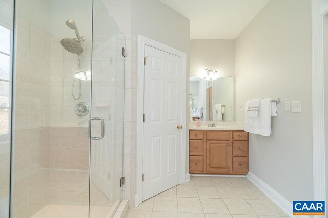 full bath with a stall shower, tile patterned flooring, vanity, and baseboards