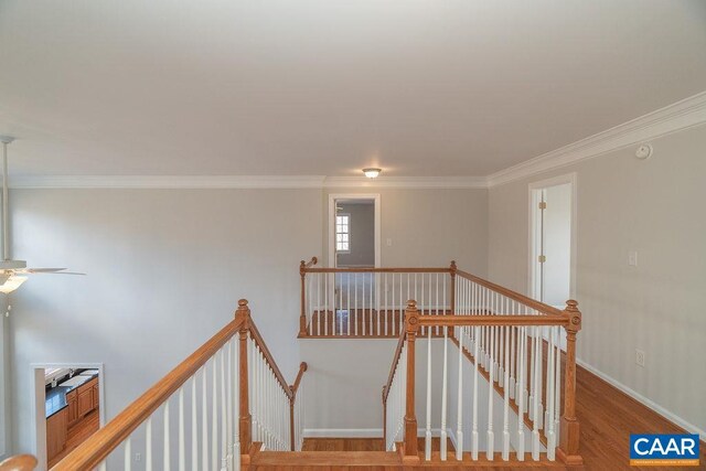 corridor with crown molding, baseboards, wood finished floors, and an upstairs landing