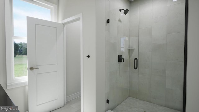 bathroom featuring a healthy amount of sunlight and a shower with shower door