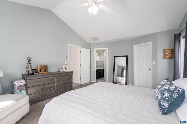 carpeted bedroom with lofted ceiling, ensuite bath, and ceiling fan