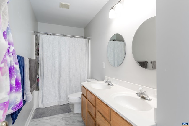 full bathroom with a sink, visible vents, toilet, and marble finish floor