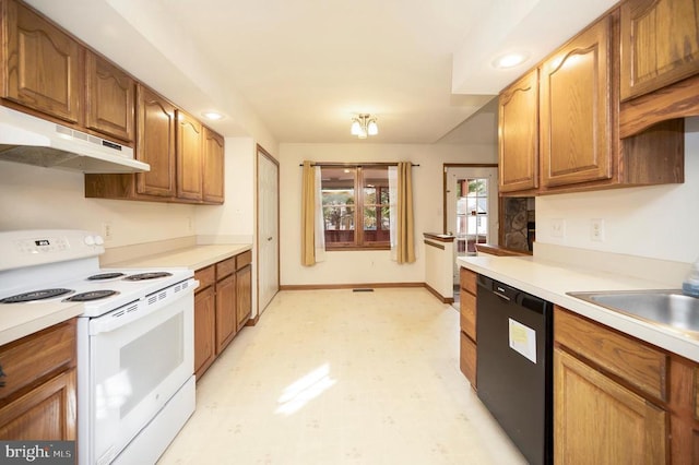 kitchen featuring white electric stove, light countertops, black dishwasher, and under cabinet range hood