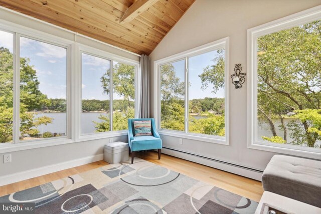 sunroom featuring a baseboard radiator, a water view, wooden ceiling, and lofted ceiling