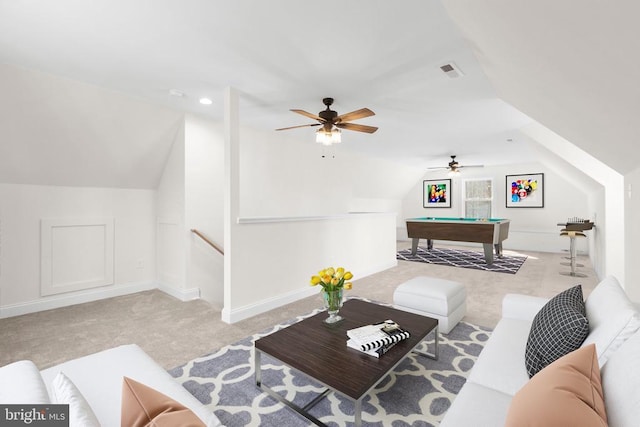 interior space featuring vaulted ceiling, pool table, visible vents, and baseboards