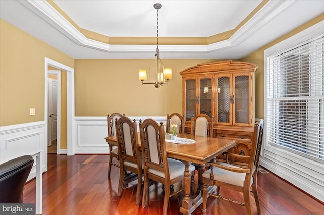 dining area with an inviting chandelier, a tray ceiling, dark wood-style flooring, and wainscoting