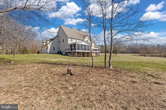 view of property exterior with a sunroom and a lawn