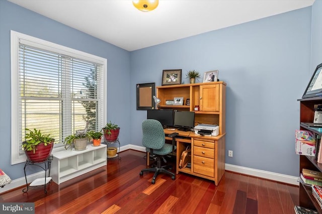 office space with dark wood-style flooring and baseboards