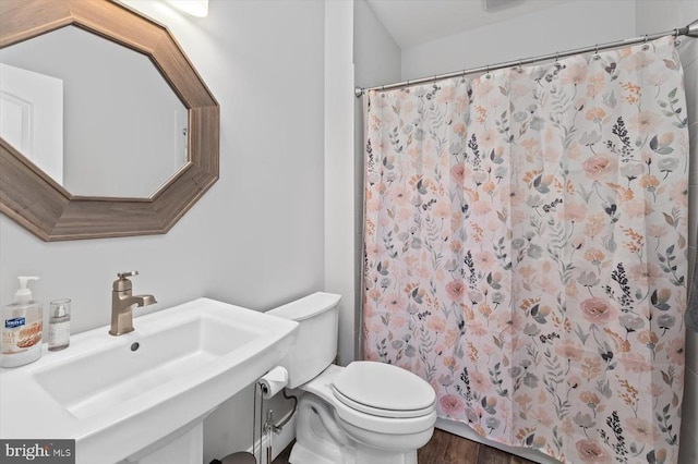 bathroom featuring a shower with shower curtain, a sink, toilet, and wood finished floors