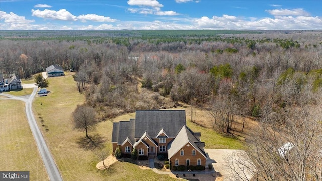 bird's eye view with a wooded view