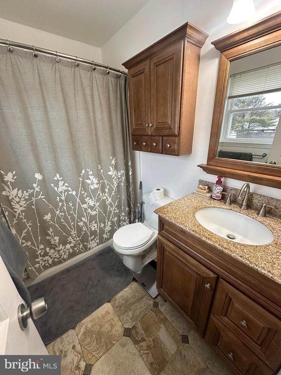 bathroom with vanity, curtained shower, and toilet