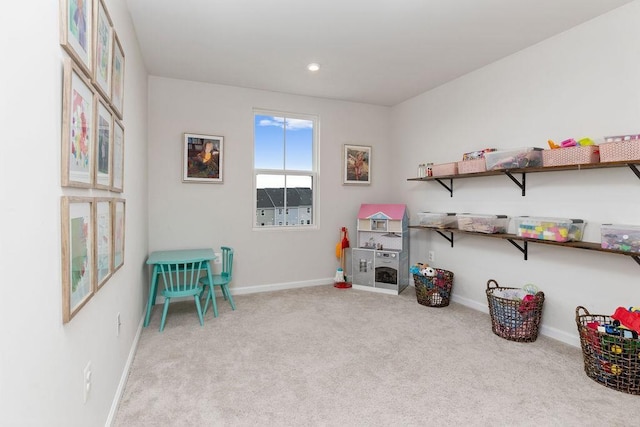 game room featuring recessed lighting, carpet, and baseboards