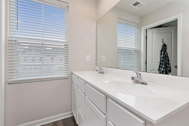 bathroom with baseboards, a sink, visible vents, and double vanity