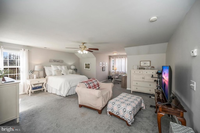 carpeted bedroom featuring ceiling fan and multiple windows