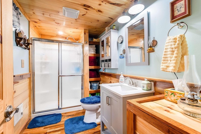 bathroom with a stall shower, visible vents, toilet, wooden ceiling, and vanity