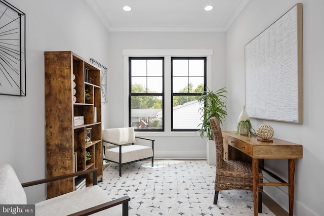 home office with recessed lighting and crown molding