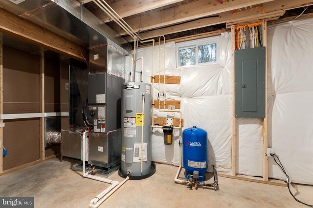 utility room with electric panel, electric water heater, and heating unit