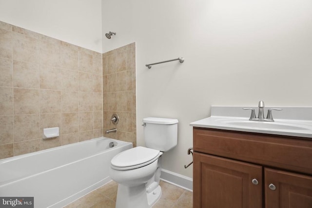 full bathroom featuring baseboards, toilet, shower / bathing tub combination, tile patterned floors, and vanity