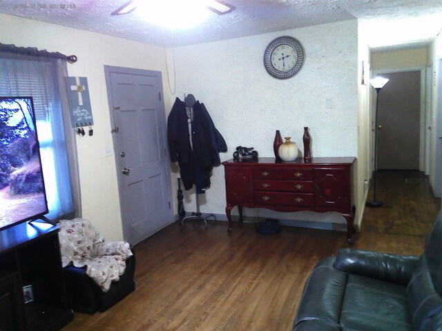 foyer entrance with ceiling fan, dark hardwood / wood-style floors, and a textured ceiling