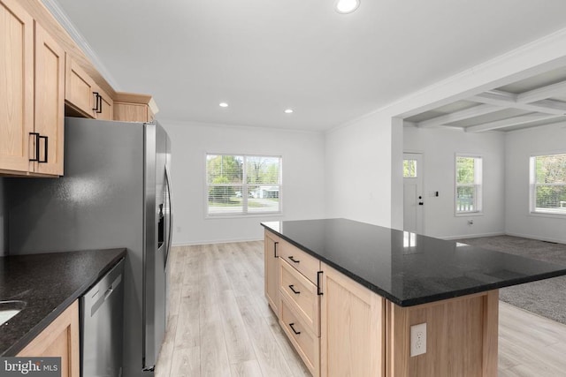 kitchen with stainless steel dishwasher, recessed lighting, light wood-style flooring, and light brown cabinets