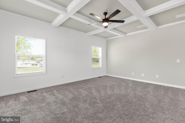 empty room featuring baseboards, beamed ceiling, ceiling fan, and coffered ceiling