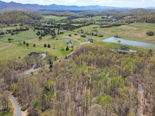 aerial view featuring a water and mountain view and a view of trees
