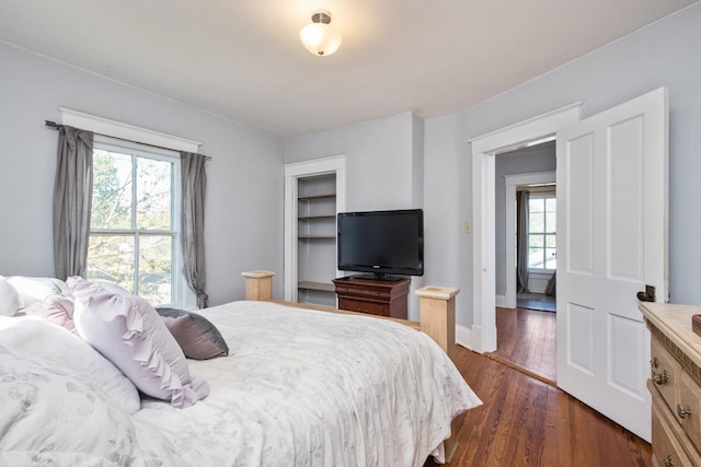 bedroom featuring dark wood-style flooring, baseboards, and multiple windows
