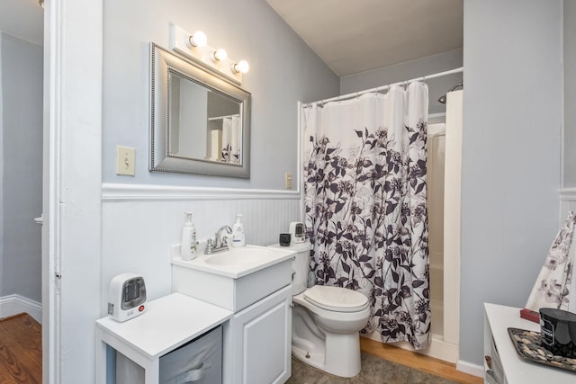 full bathroom with a wainscoted wall, vanity, toilet, and wood finished floors
