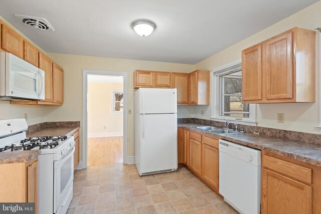 kitchen with a sink, visible vents, white appliances, and dark countertops