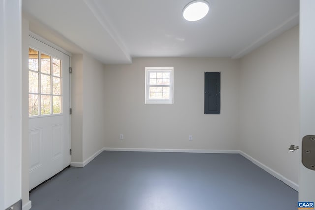 empty room featuring concrete flooring and electric panel