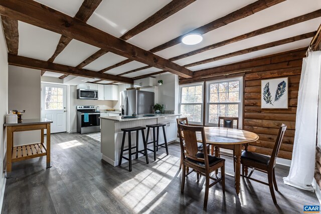 dining area with hardwood / wood-style floors, log walls, and beam ceiling