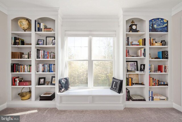 sitting room with built in shelves, ornamental molding, and carpet