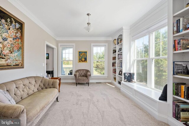 sitting room with ornamental molding and carpet flooring